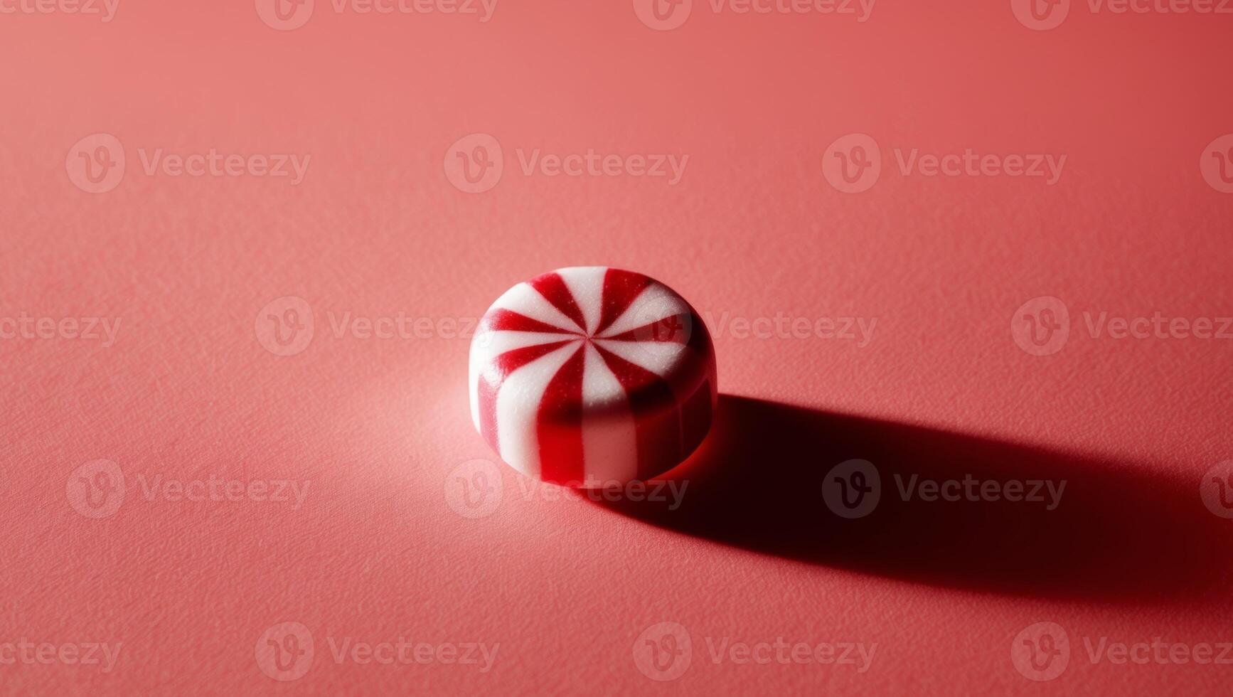 A red and white candy ball sitting on a pink background photo