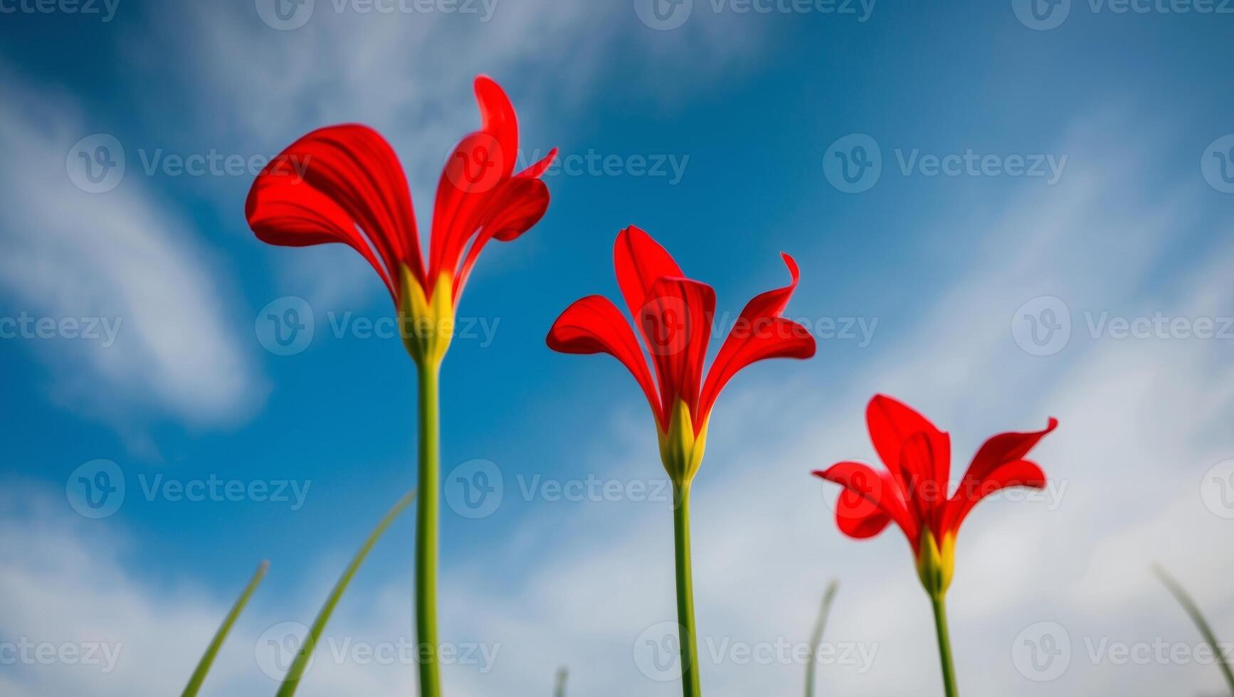 Three red flowers against a blue sky photo