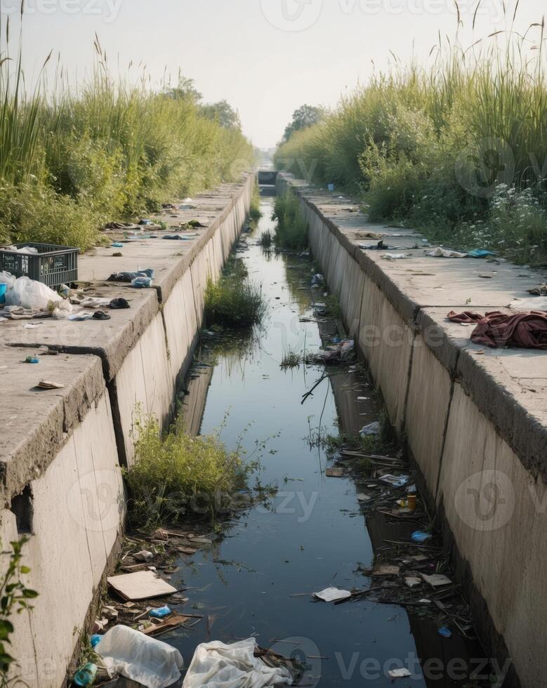 A canal with trash and garbage in it photo