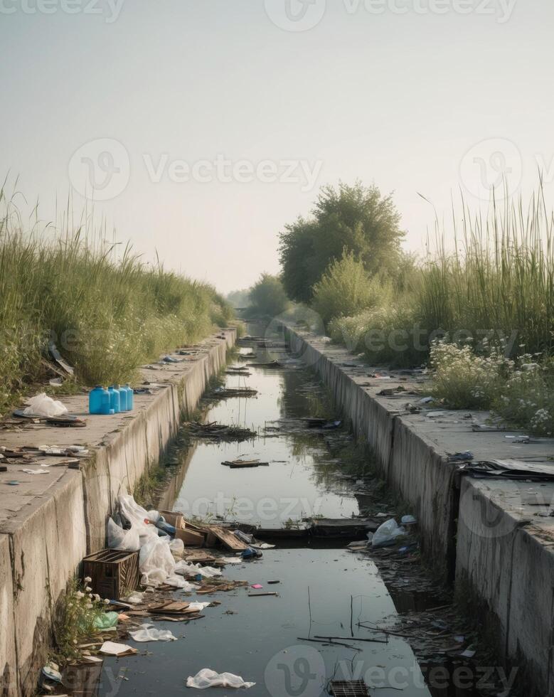 Pollution in Abandoned Canal with Litter and Vegetation. photo