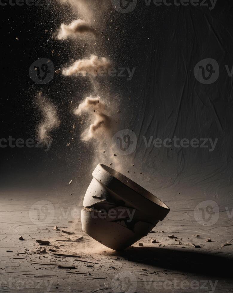 Shattering Pot with Dark Background and Dust Clouds. photo