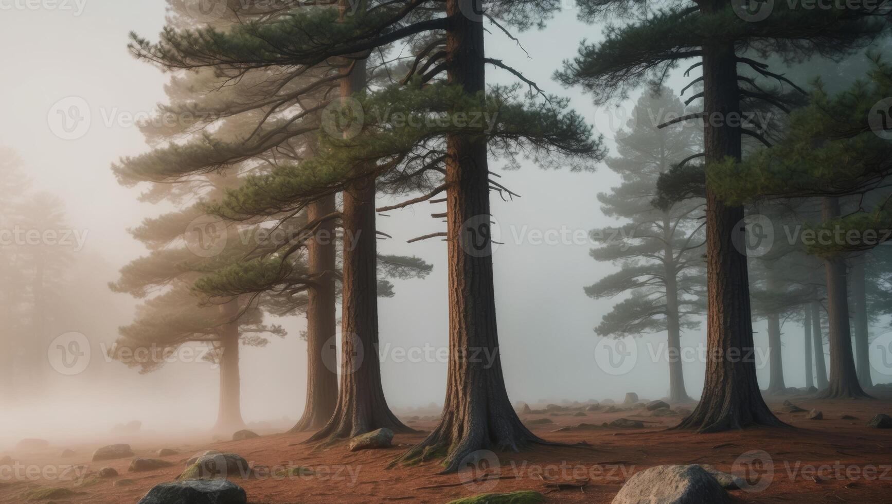 Scenic Early Morning in a Majestic Pine Forest with Gentle Fog and Sunlight. photo