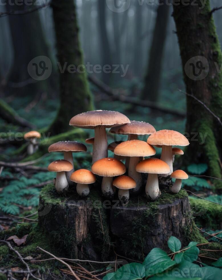 A cluster of mushrooms atop tree stumps on a dark forest floor. photo