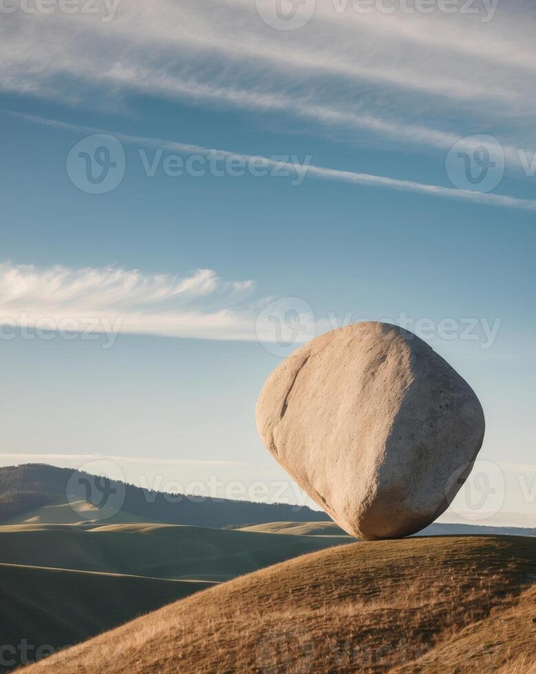 Balanced Rock on Hilltop with Scenic Background. photo