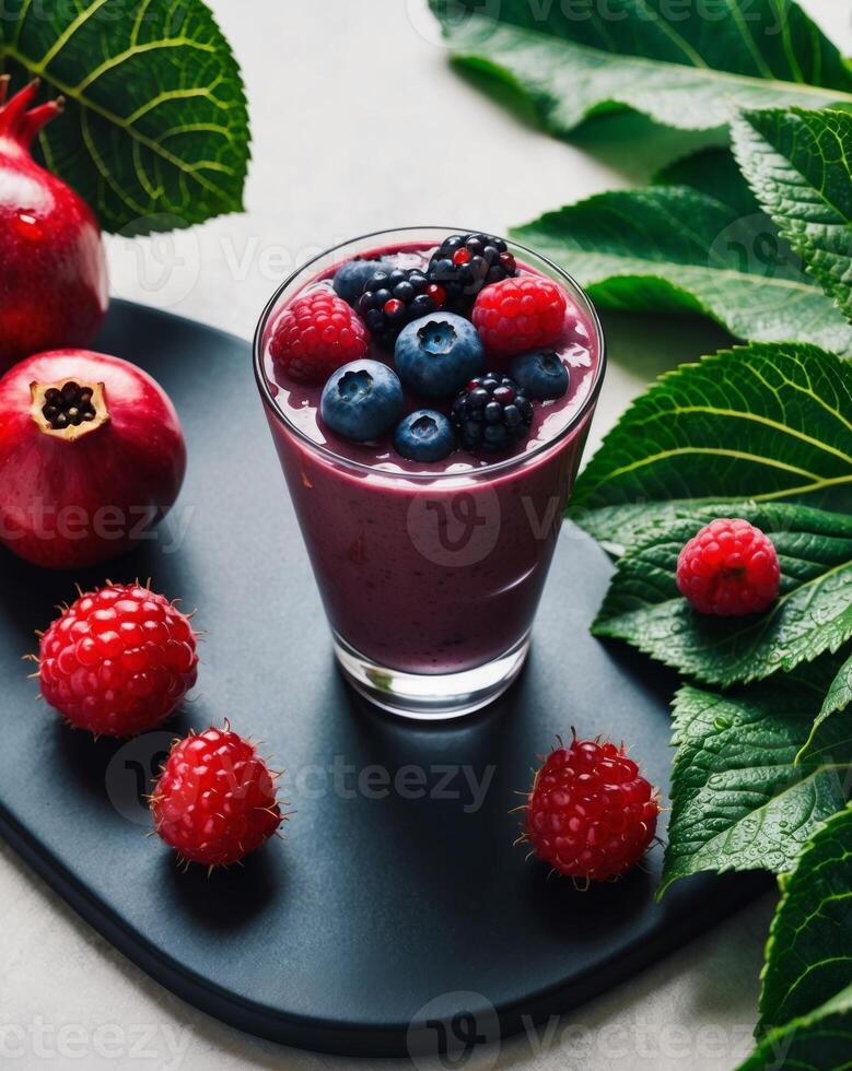 A smoothie is garnished with berries on a dark surface Surrounding it are leaves and pomegranates. photo