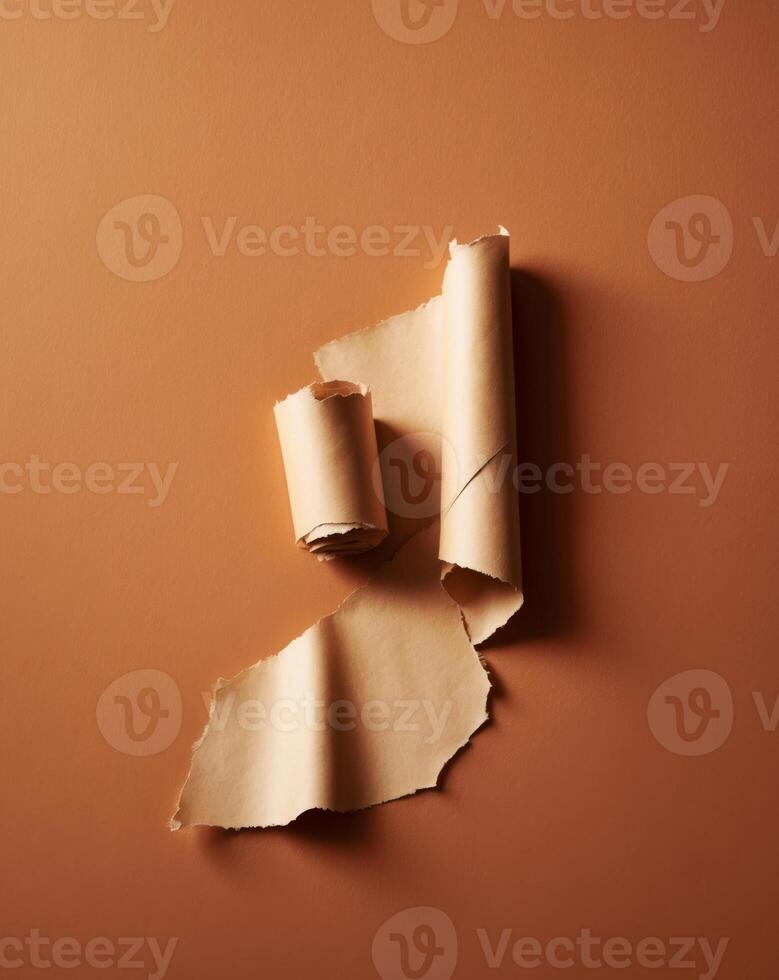 A tan piece of paper with an uneven edge is torn and rolled to create a frame on an orange background. photo