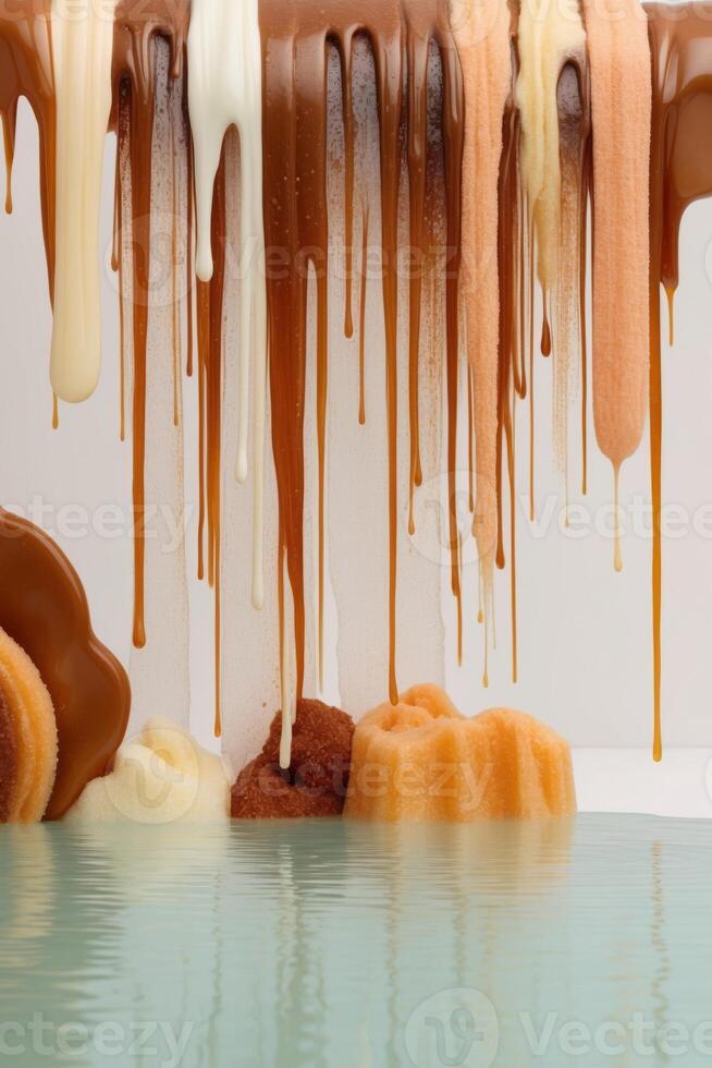 Caramel drizzle waterfall cascading into a candy lake. photo
