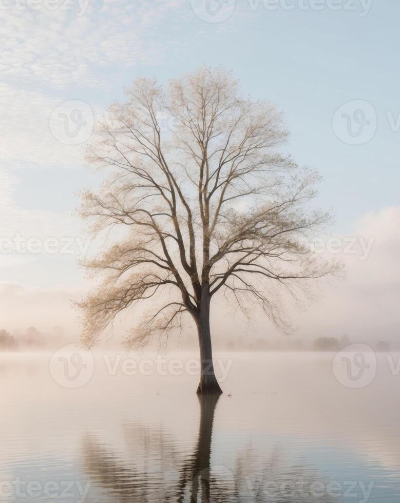 Serene Tree Reflection in Calm Lake at Sunrise. photo