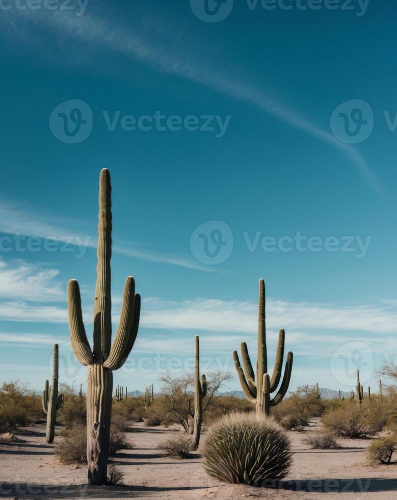 Serene Desert Landscape with Cacti and Blue Sky. photo