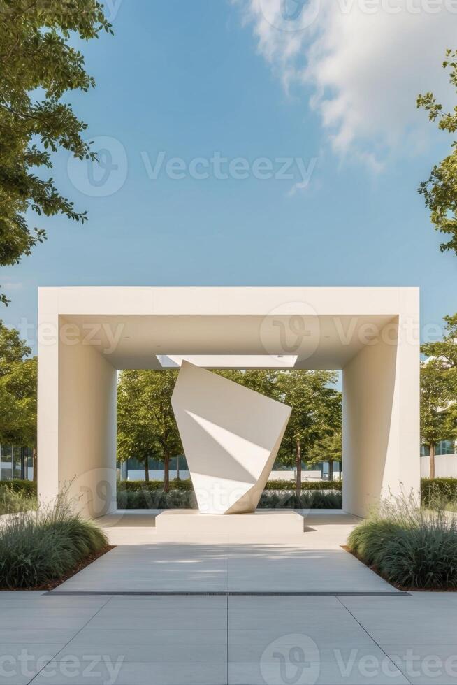 Geometric open-air pavilion with sculpture for commercial space. photo