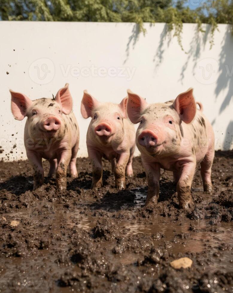 Playful Piglets Enjoying a Muddy Adventure. photo