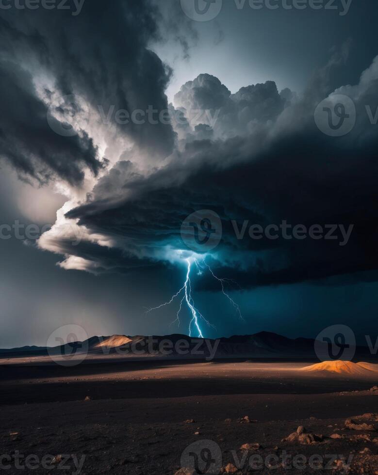 Dramatic thunderstorm over volcanic landscape. photo