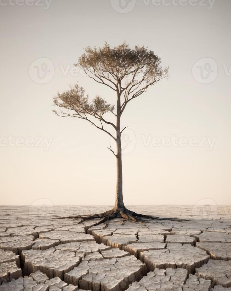 Resilient Tree Growing on Cracked Earth Surface. photo
