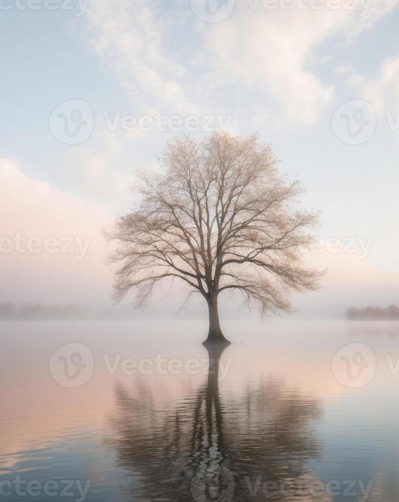 Serene Tree Reflection in Calm Lake at Sunrise. photo