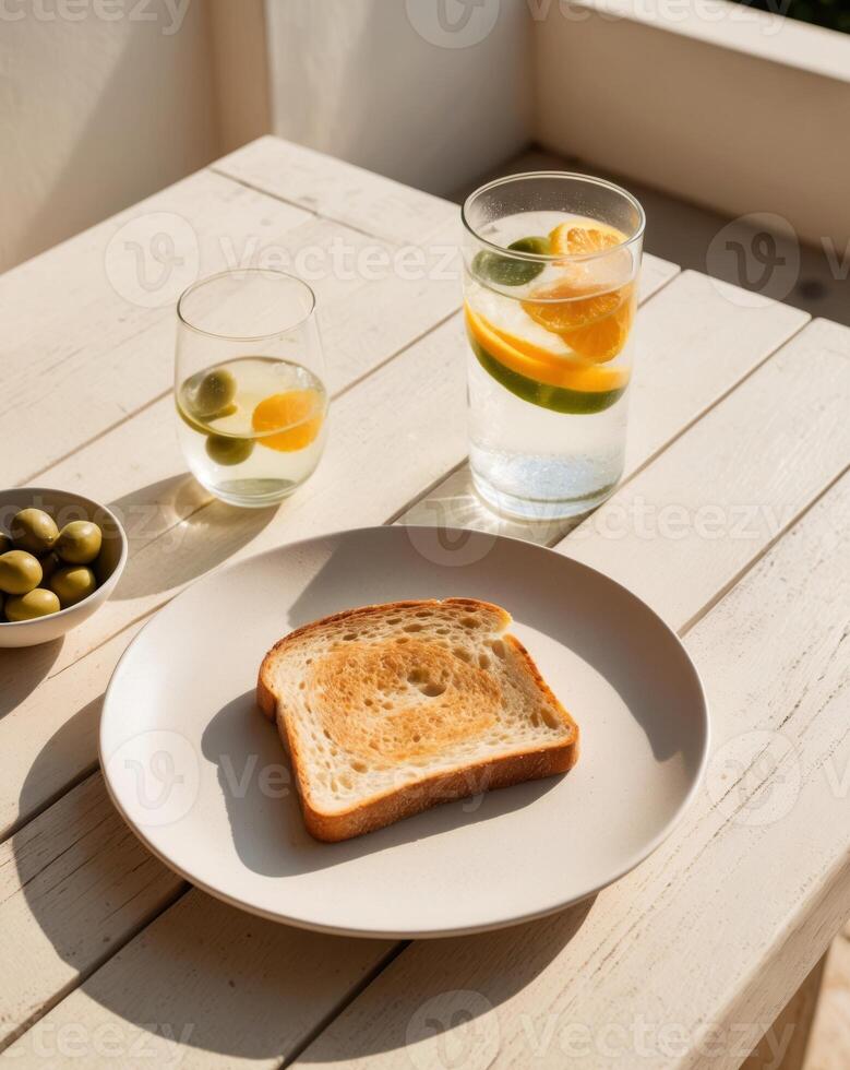 Toasted bread and drinks on a terrace with olives. photo