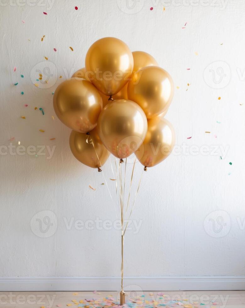Golden Balloons with Confetti for Celebration Event. photo