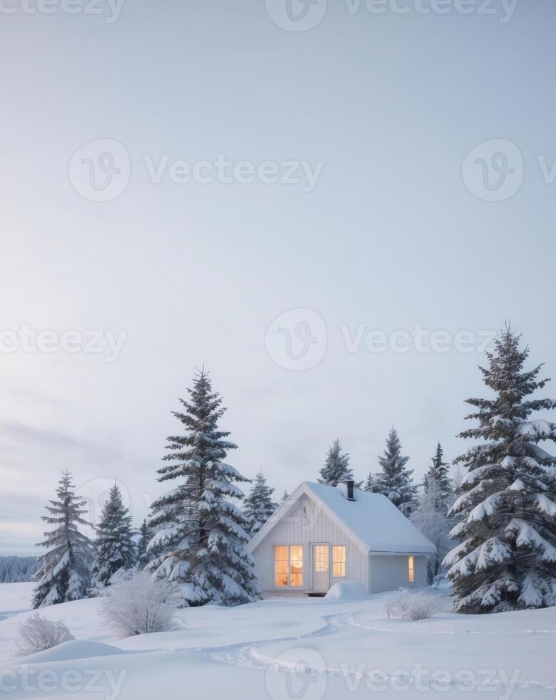Cozy Winter Cabin in Serene Snowy Landscape. photo