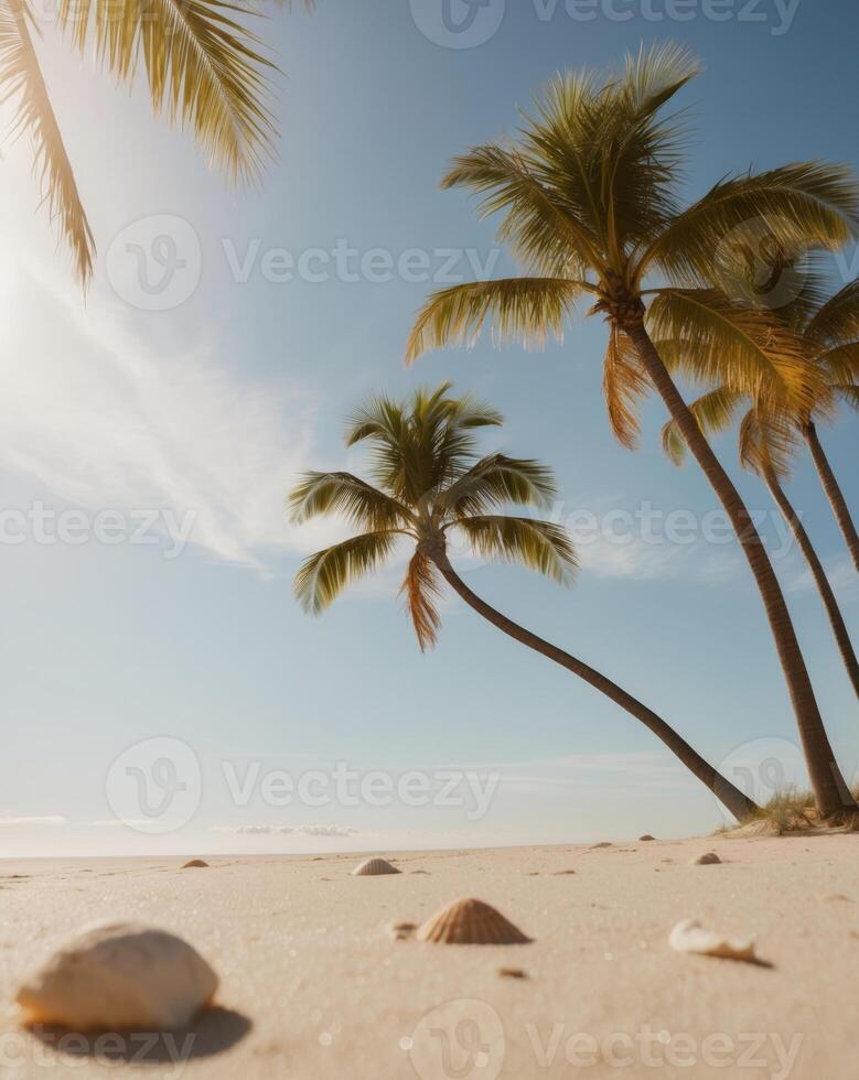 Serene Beach with Sunlight and Palm Trees. photo