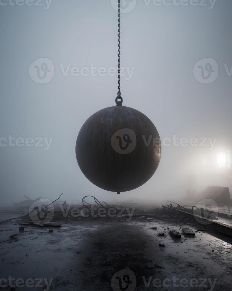 Destruction Scene with Wrecking Ball in Fog. photo