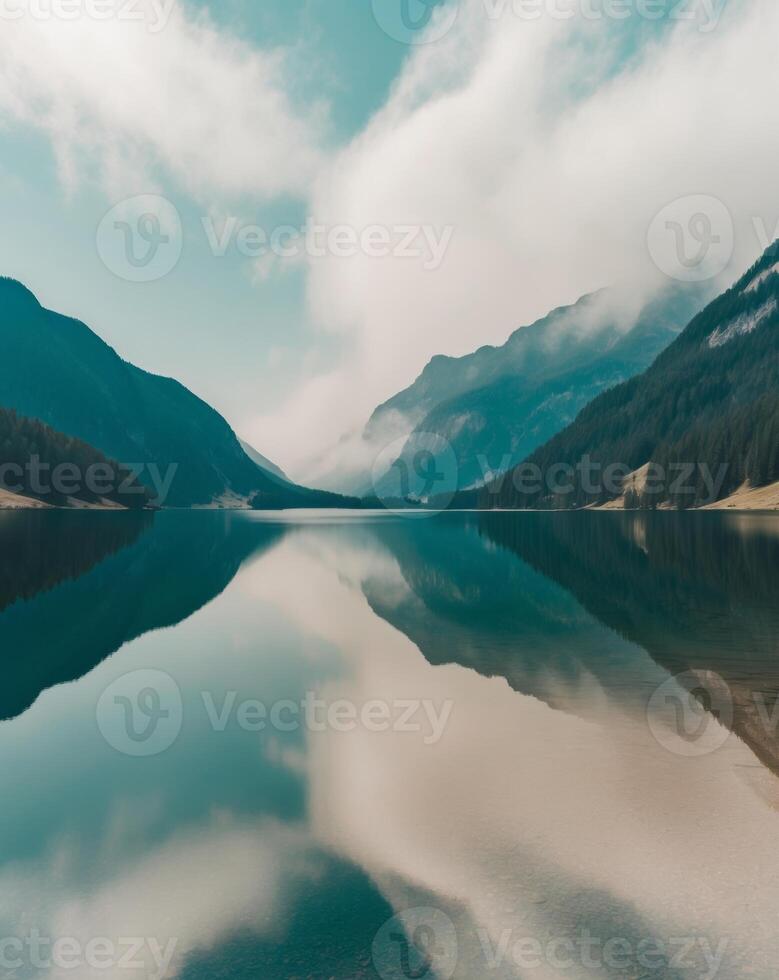 Breathtakingly beautiful alpine lake in a whimsical landscape. photo