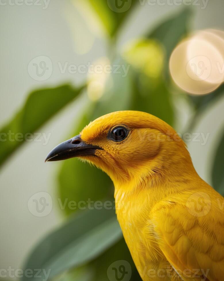 A yellow bird's head with a blurred background of green leaves. photo