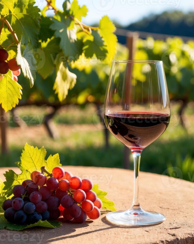 Red Wine Tasting Tradition Enjoying Sweet Red Wine in a Glass on a Warm Day with Focus on Viticulture and Grape Harvesting Outdoors. photo