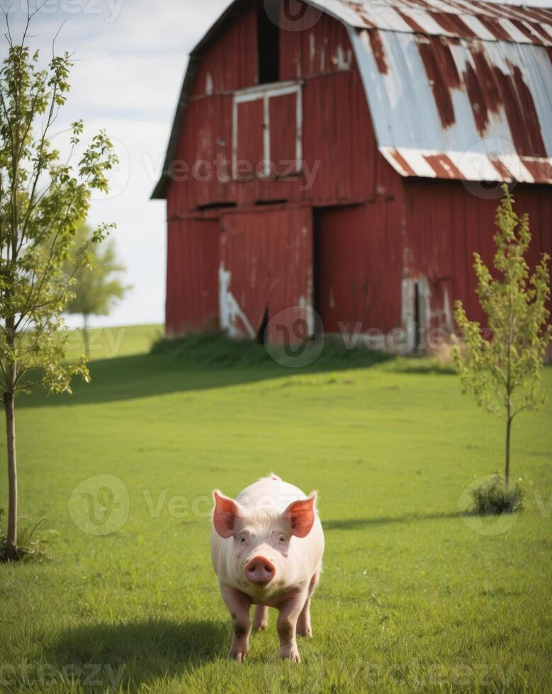 Pig Standing in Grassy Field Near Red Barn. photo