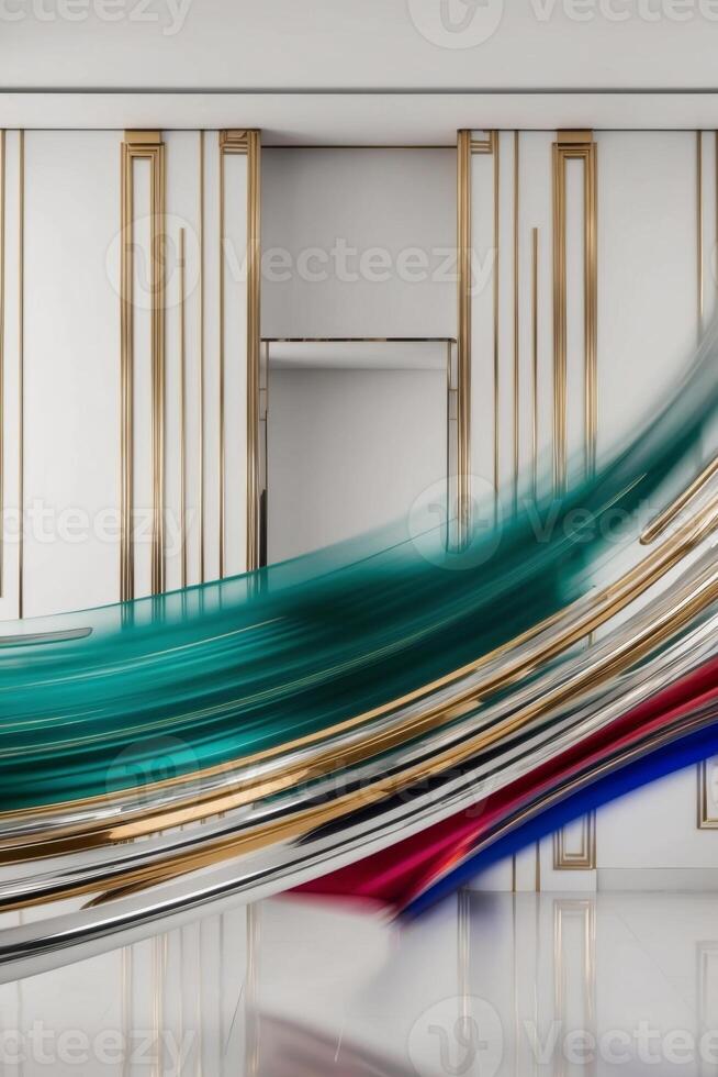 A room with a white wall and a blue and red striped rug photo