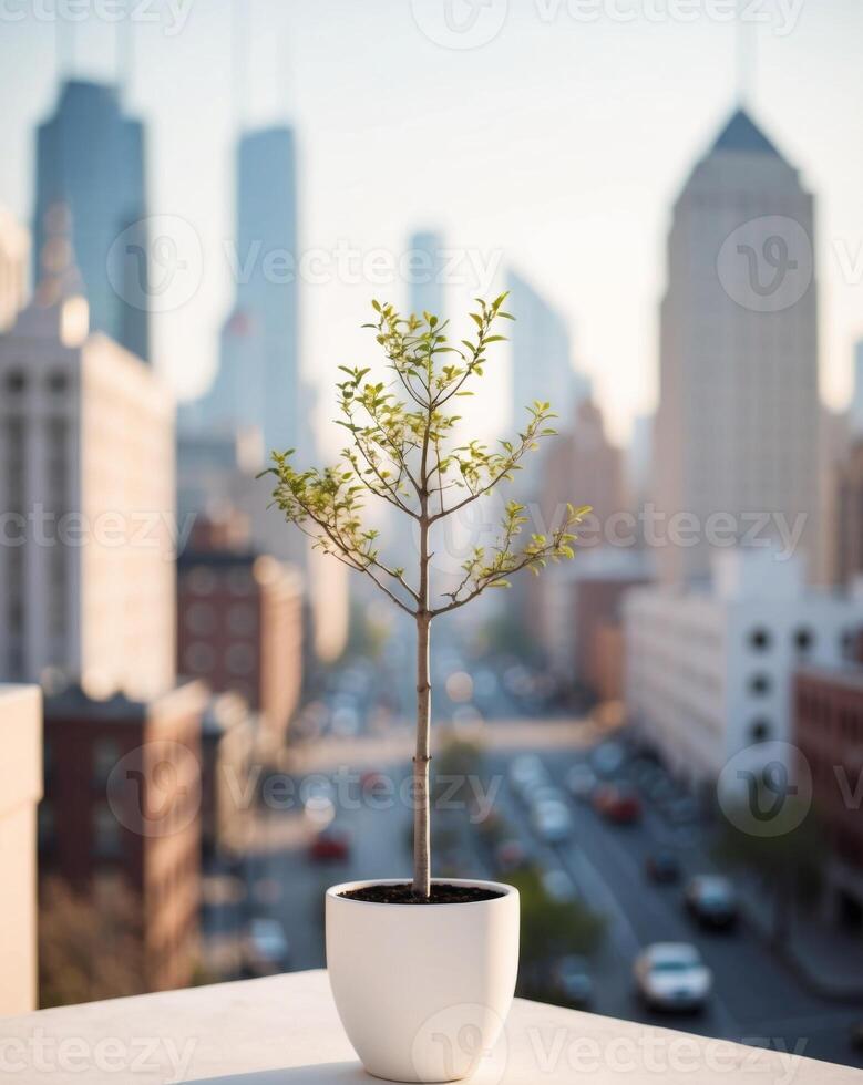A small plant in a white pot on a balcony overlooking a city photo
