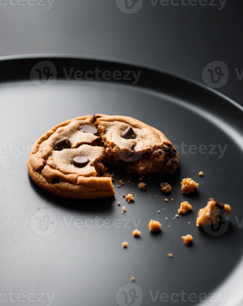 A chocolate chip cookie is on a black plate photo