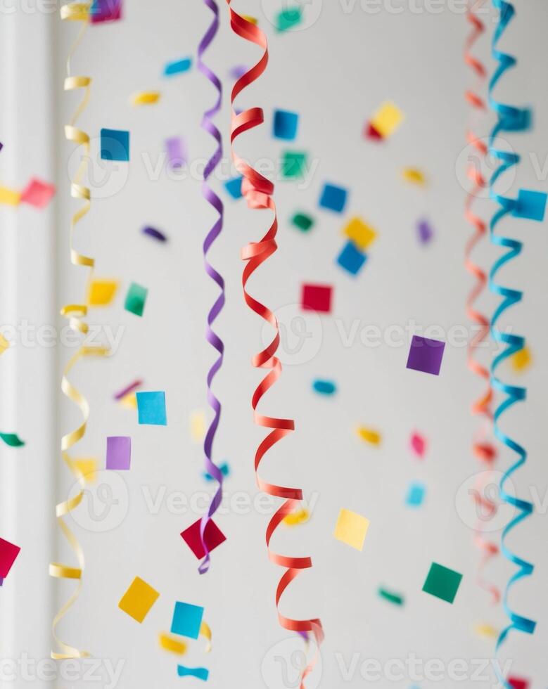 Colorful confetti streamers hanging from a ceiling photo
