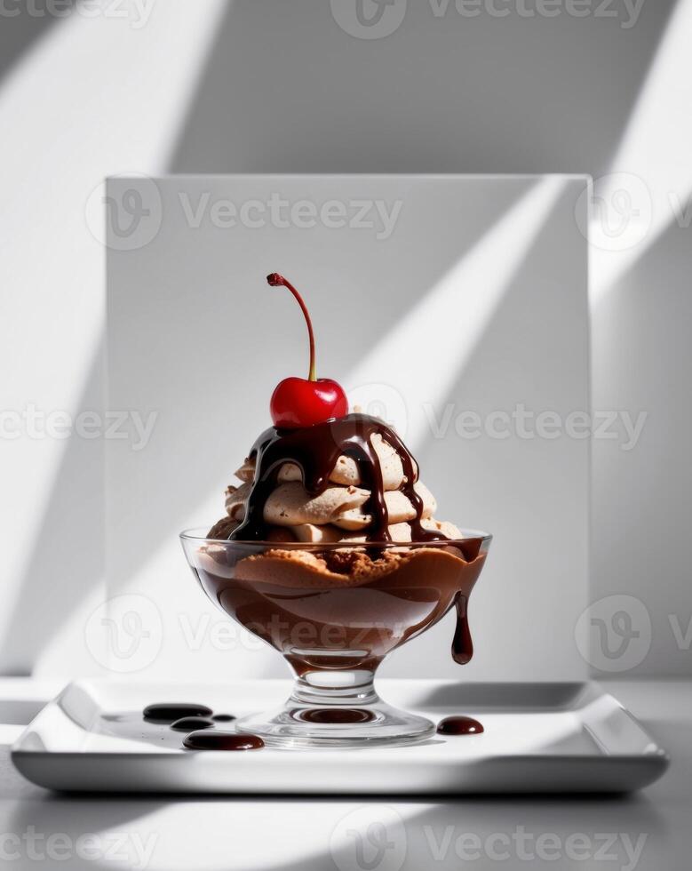 A chocolate sundae with a cherry on top photo