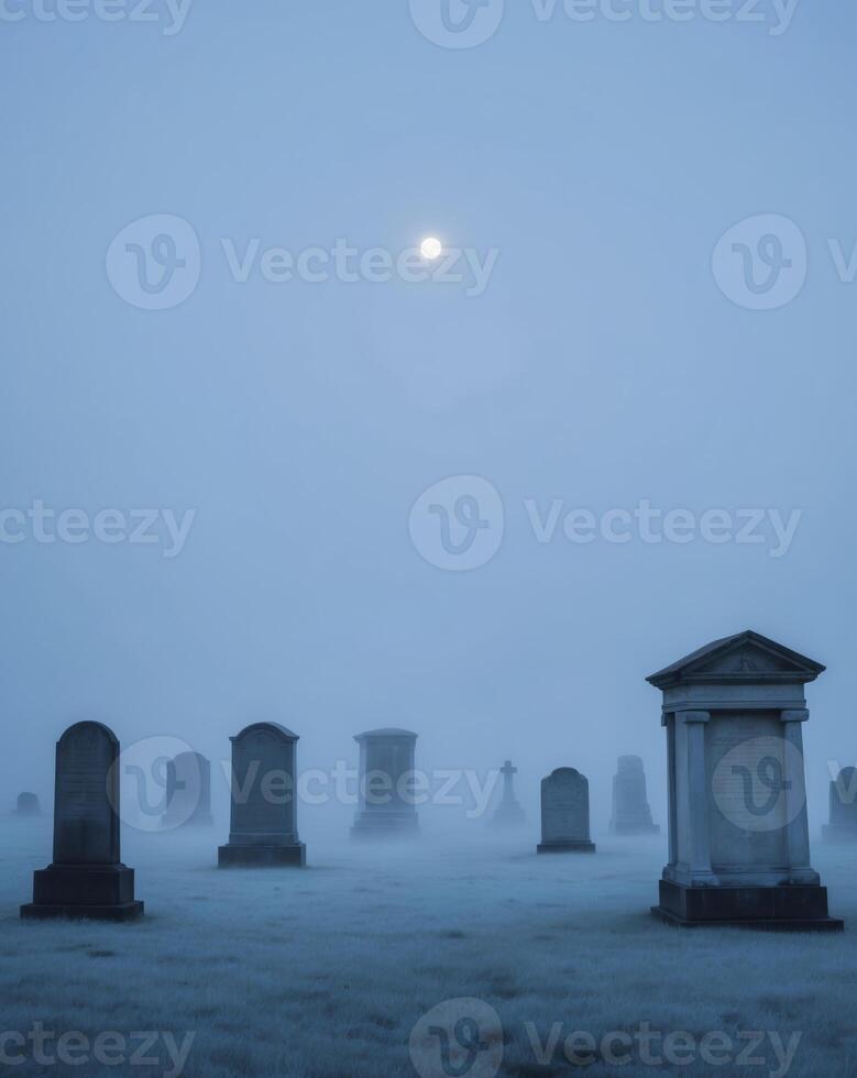 A cemetery with tombstones and a full moon photo