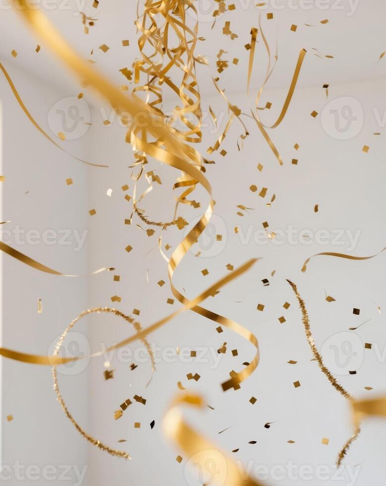Gold confetti streamers and streamers in a room photo