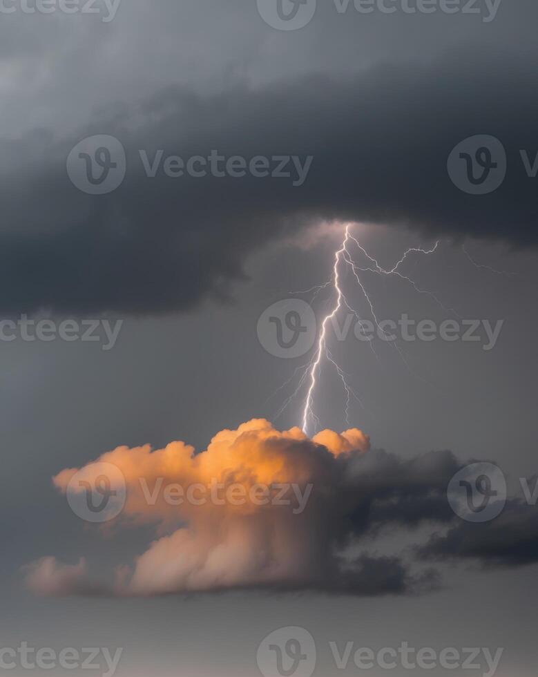 A lightning bolt is seen through the clouds photo