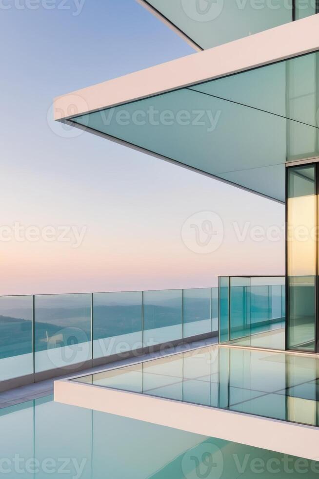 A glass balcony overlooking the ocean at sunset photo