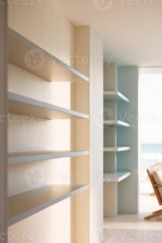 A room with a chair and a shelf by the ocean photo