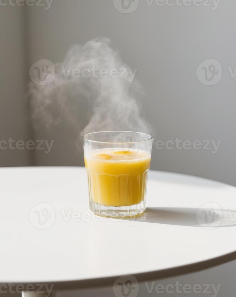A glass of orange juice with steam coming out of it photo
