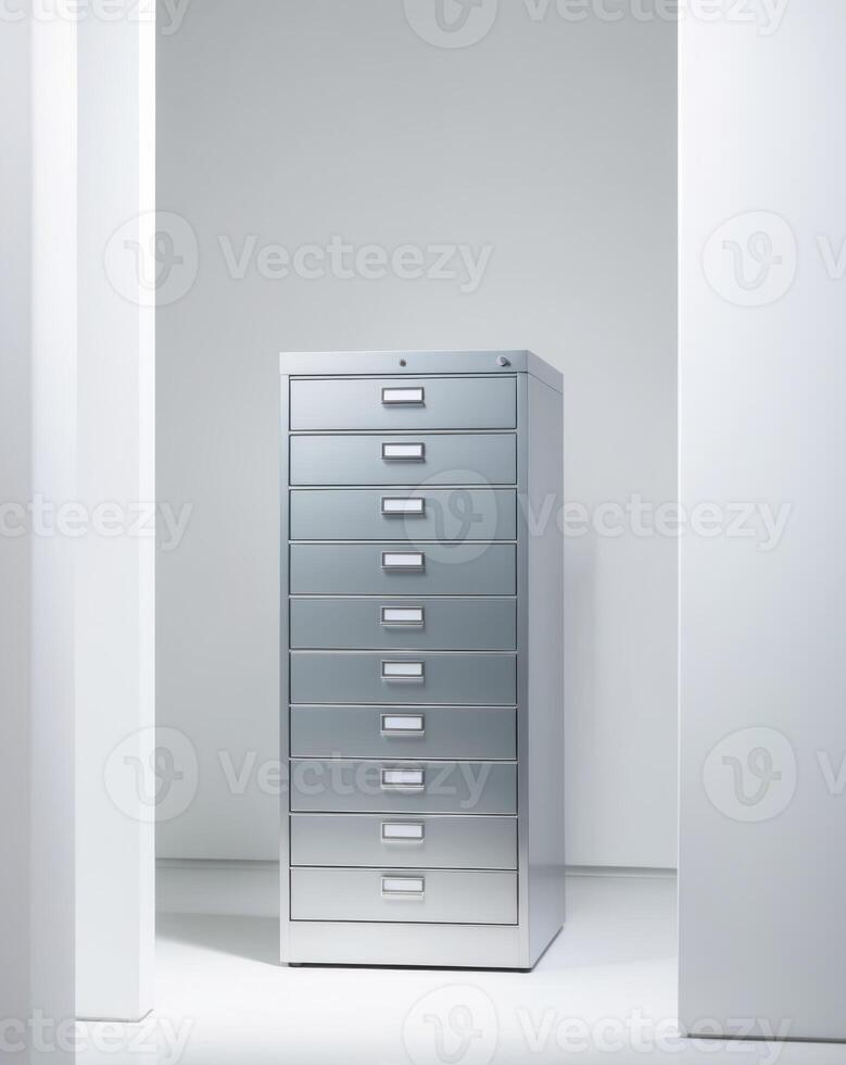 A silver filing cabinet with six drawers photo