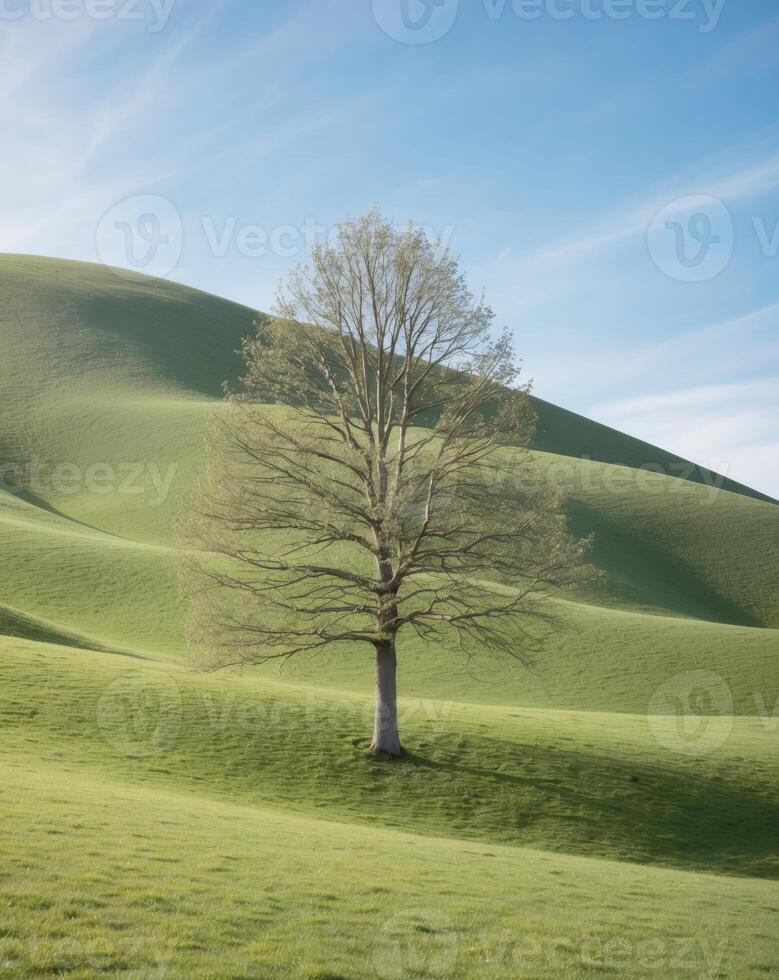 A lone tree stands in the middle of a green field photo