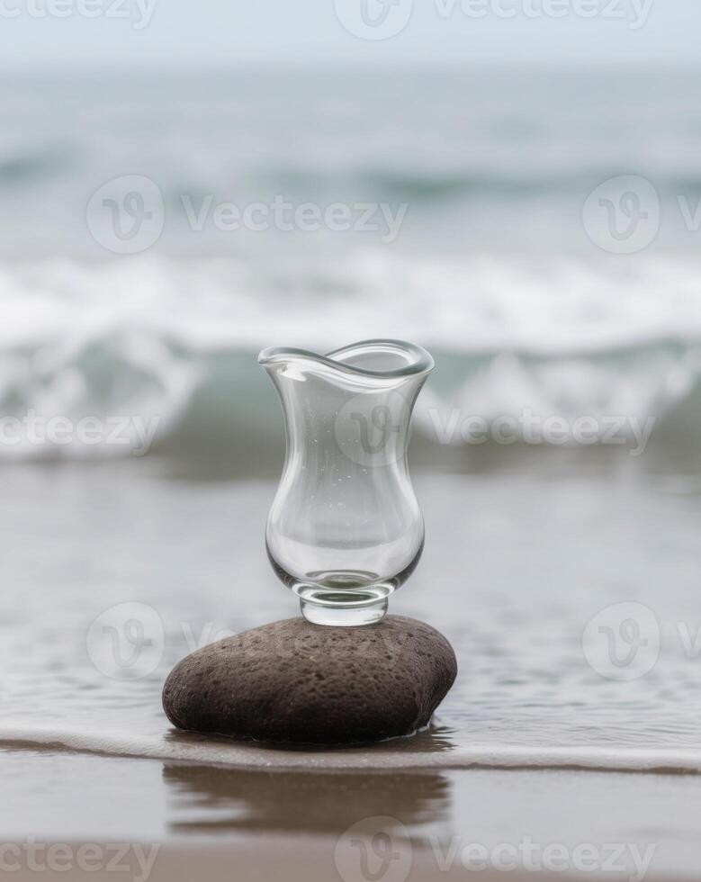 A glass vase sitting on top of a rock on the beach photo