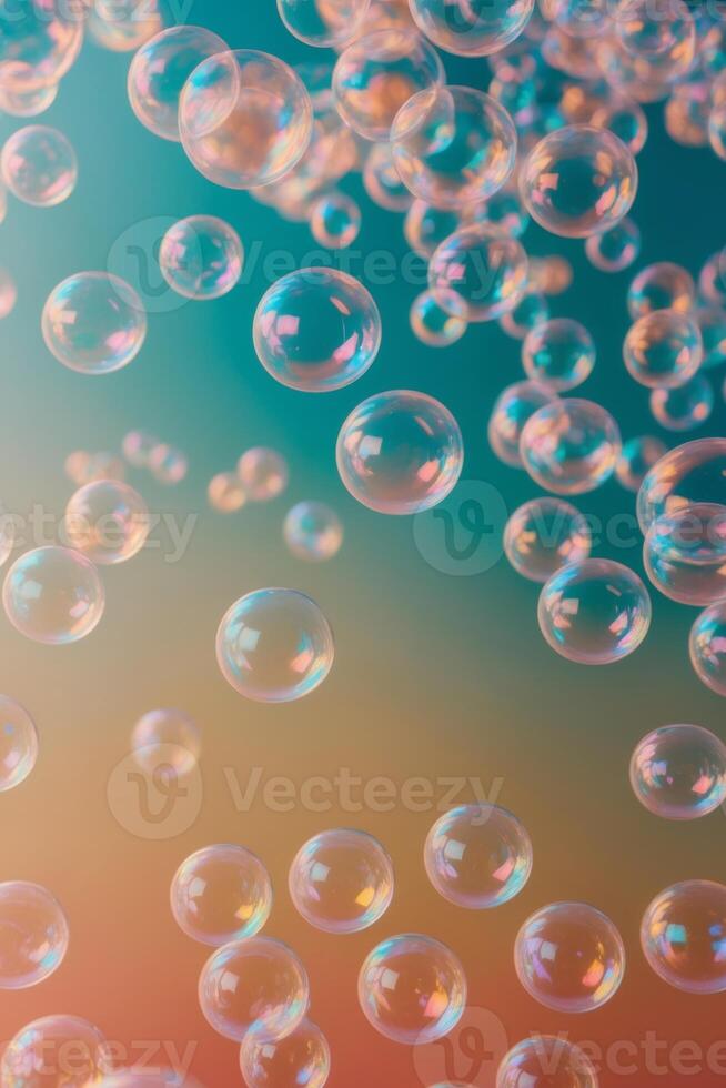 Soap bubbles floating in the air on a colorful background photo