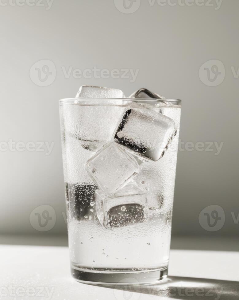A glass of water with ice cubes in it photo
