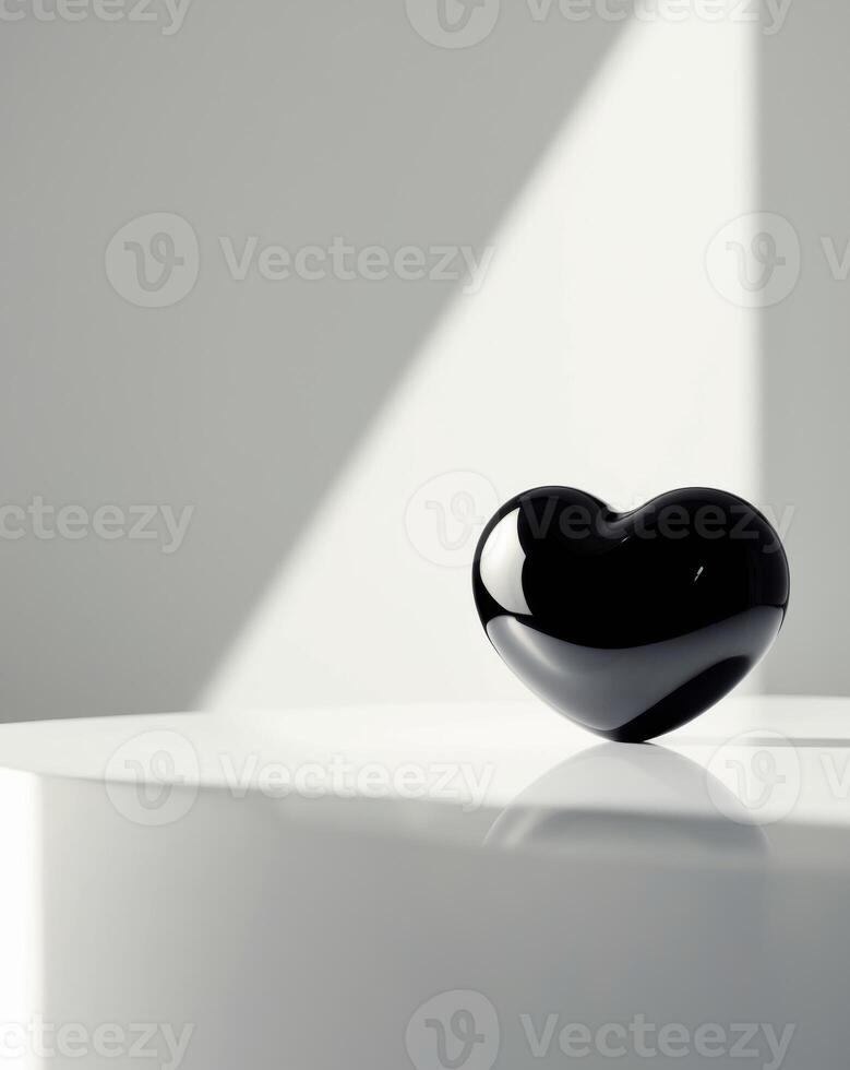 A black heart shaped object sitting on a white table photo