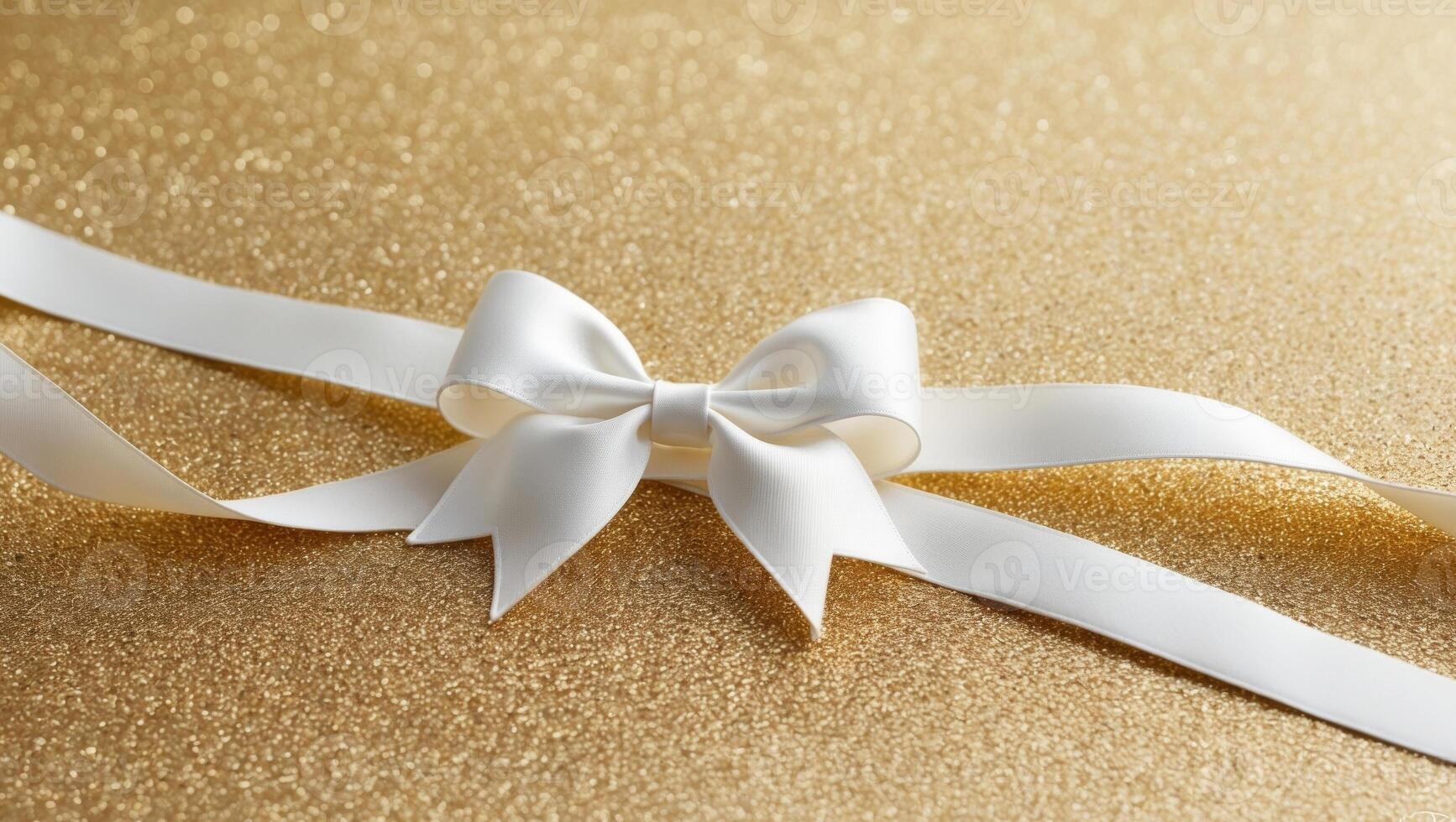 White ribbon and bow on gold background photo