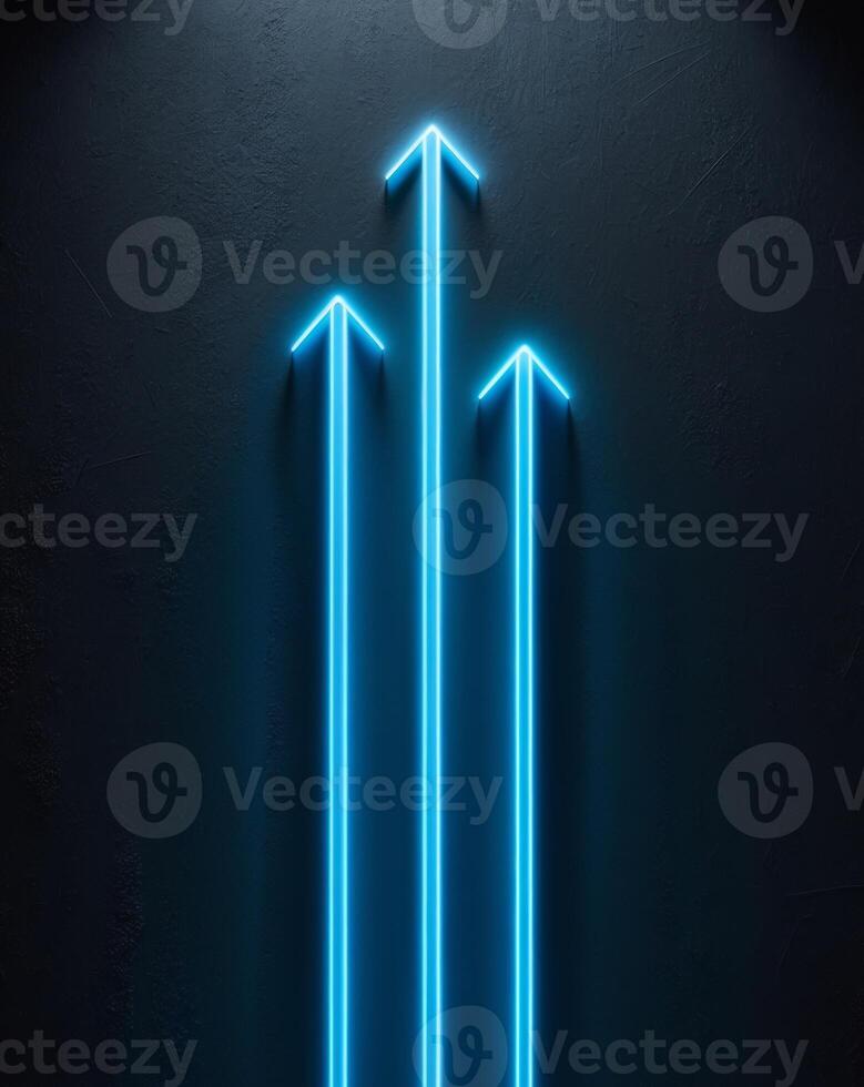 Three neon arrows pointing up on a dark wall photo