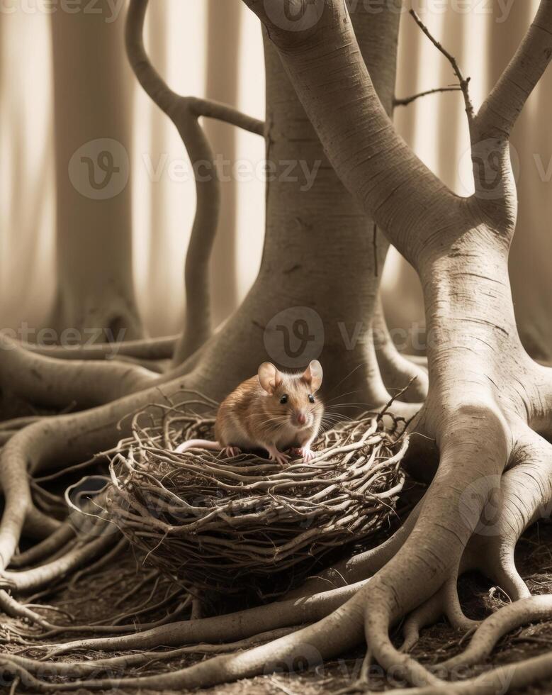 A mouse sits in a nest under a tree photo