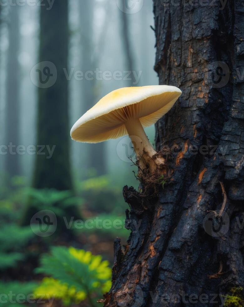 A mushroom is growing on a tree trunk in the forest photo