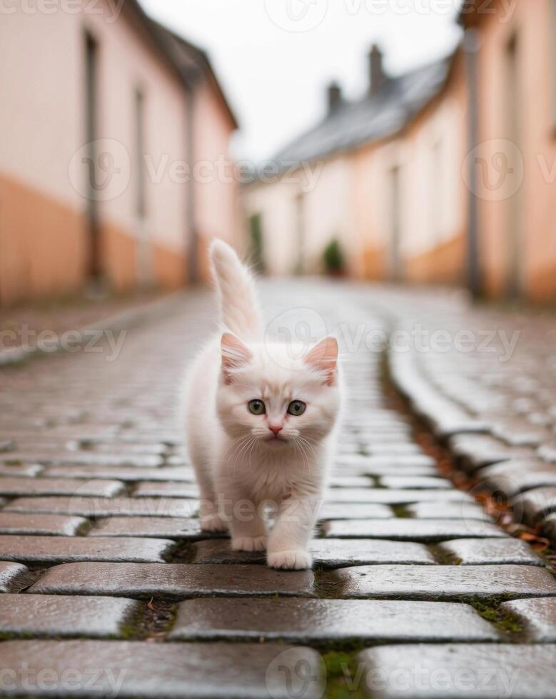 A white kitten walking on a cobblestone street photo