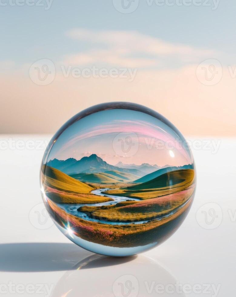 A glass ball with a river and mountains in it photo